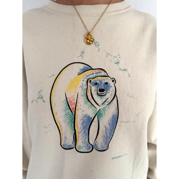 90s vintage polar bear winter animal graphic cotton crewneck pullover sweatshirt - Picture 9 of 10